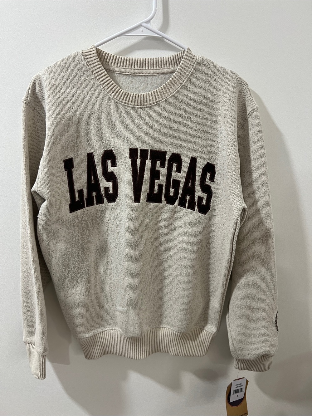 Women's Cream Crewneck Sweater with LAS VEGAS Applique